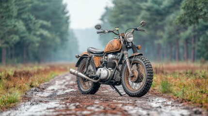 Obraz premium Rusty motorcycle on muddy path, forest background
