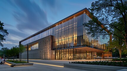 Obraz premium A modern art museum with a smooth glass facade, complemented by decorative brickwork and wooden elements that add warmth and texture