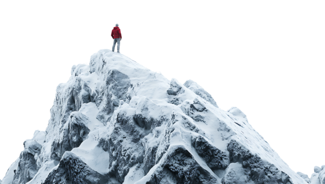 silhouette of a man standing on a cliff isolated on white background