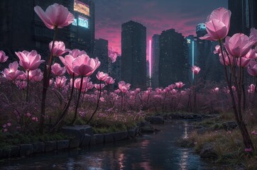 Futuristic cityscape with glowing pink flowers near a stream  