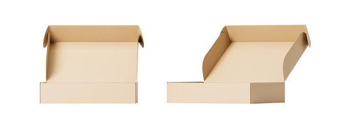 Cardboard packaging open box from different sides. Isolation. On a white background. 3d rendering.