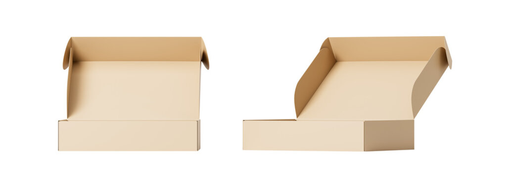 Cardboard packaging open box from different sides. Isolation. On a white background. 3d rendering.