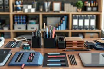 Organized workspace with stationery and office supplies during daylight