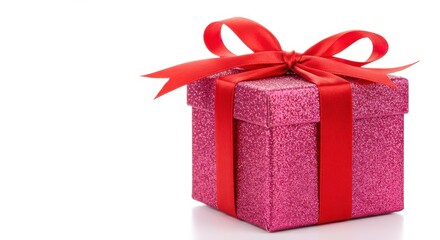 A sparkling pink gift box tied with a bright red ribbon and bow placed on a clean white surface