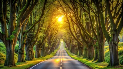 Sunlit Roadway Through a Canopy of Lush, Moss-Draped Trees