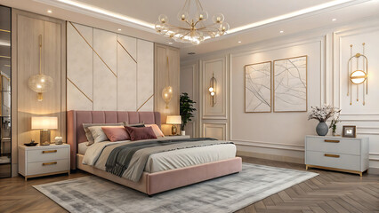 A serene blush pink master bedroom, designed for ultimate relaxation and sophisticated comfort, features elegant gold accents and soft, ambient lighting.