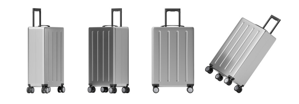 Metal suitcase from different sides on a white background. Isolated. 3d rendering