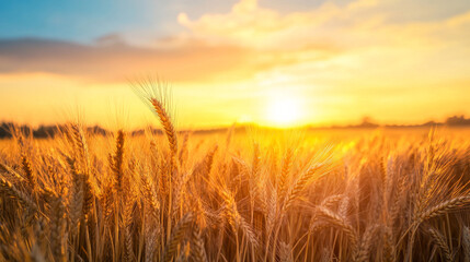 Obraz premium A picturesque wheat field bathed in golden sunset light, symbolizing the peak of the farm harvest season