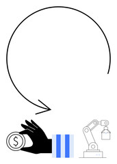 Arrow encircling a hand holding a coin, a box, and a robotic arm. Ideal for investment, automation, production cycle, industry, finance innovation packaging concepts. Flat simple metaphor