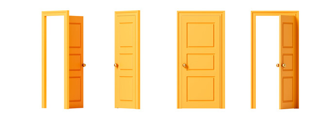 Closed, slightly open yellow door from different sides. Isolation. On a white background. 3d rendering.