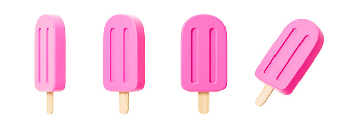 Pink ice cream on a wooden stick from different sides. Isolation. On a white background. 3d rendering.