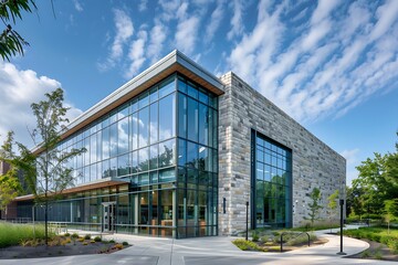 Obraz premium A modern civic building featuring a glass facade with traditional stone cladding and intricate brick detailing around the entrance