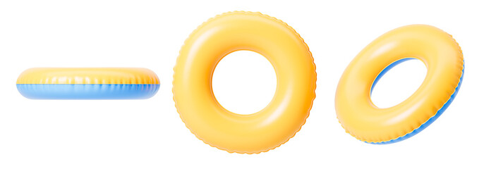 Yellow and blue inflatable swimming ring from different sides. Isolation. On a white background. 3d rendering.