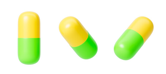 Yellow-green medical pill from different sides on a white background. Isolated. 3d rendering