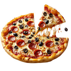 A Mouthwatering Cheese Pizza with Pepperoni and Olives Isolated on Transparent Background