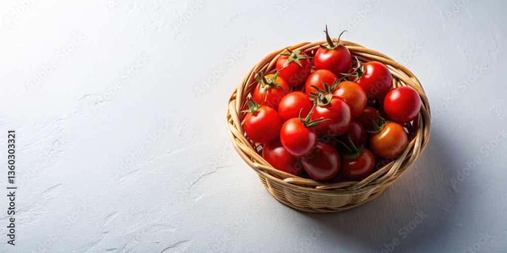 Poster a wicker basket overflowing with ripe, red cherry tomatoes sits on a textured white surface.