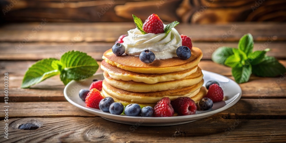 Poster a delicious stack of fluffy pancakes topped with whipped cream and fresh berries on rustic wooden ta