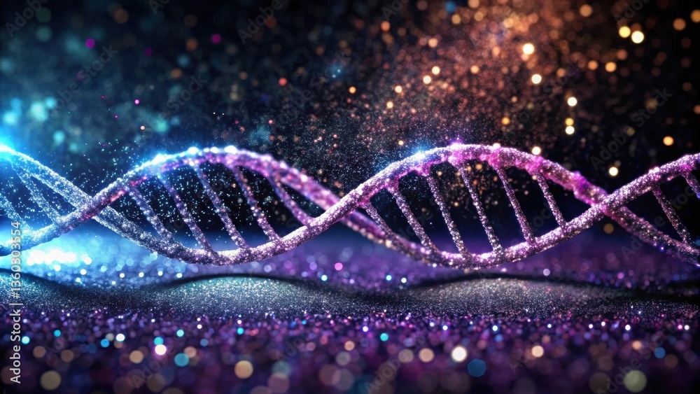 Fototapete luminous double helix of sparkling particles representing genetic code