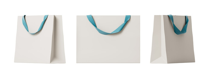 White gift bag with blue handle from different sides. Isolation. On a white background. 3d rendering.