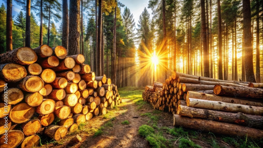 Poster golden hour in the forest stacks of logs basking in the sunset's rays