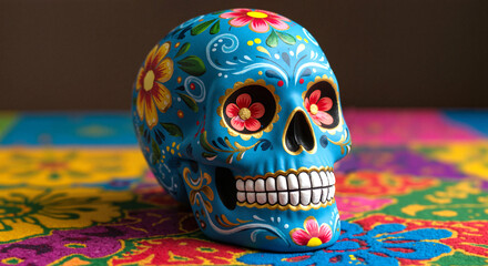 Fototapeta premium Decorated sugar skull, vibrant and ornate, celebrating the Day of the Dead, on a colorful textile