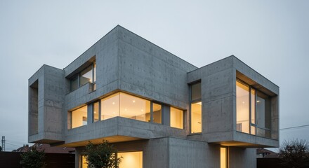 A contemporary rectangular house with a concrete and glass exterior showcasing sharp geometric lines