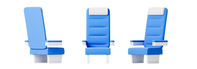 Blue airplane seat from different sides. Isolation. On a white background. 3d rendering.