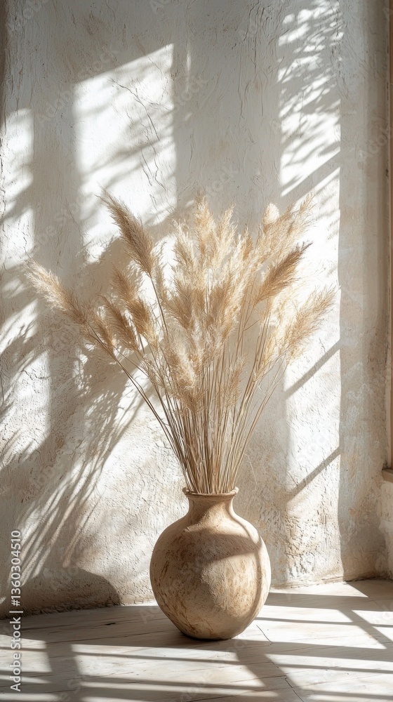 Poster Sunlight streams through the windows, casting playful shadows on a textured wall. A rustic vase holds wispy pampas grass, creating a serene and inviting atmosphere in the room