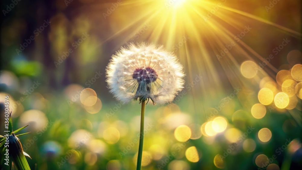 Poster a single dandelion seed head glows in the warm sunlight, surrounded by a field of blurred dandelions