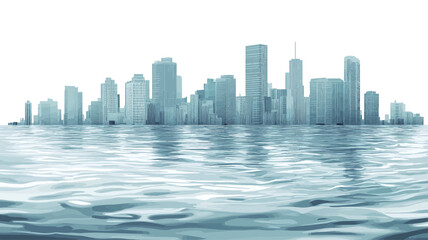 Obraz premium The image shows a digital rendering of a cityscape partially submerged in water. The buildings are rendered in shades of light blue and gray, creating a cool, somewhat desaturated color palette.