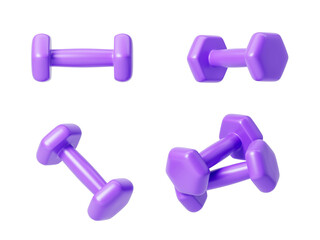 Purple sports light dumbbells for fitness from different sides on a white background. Isolated. 3d rendering