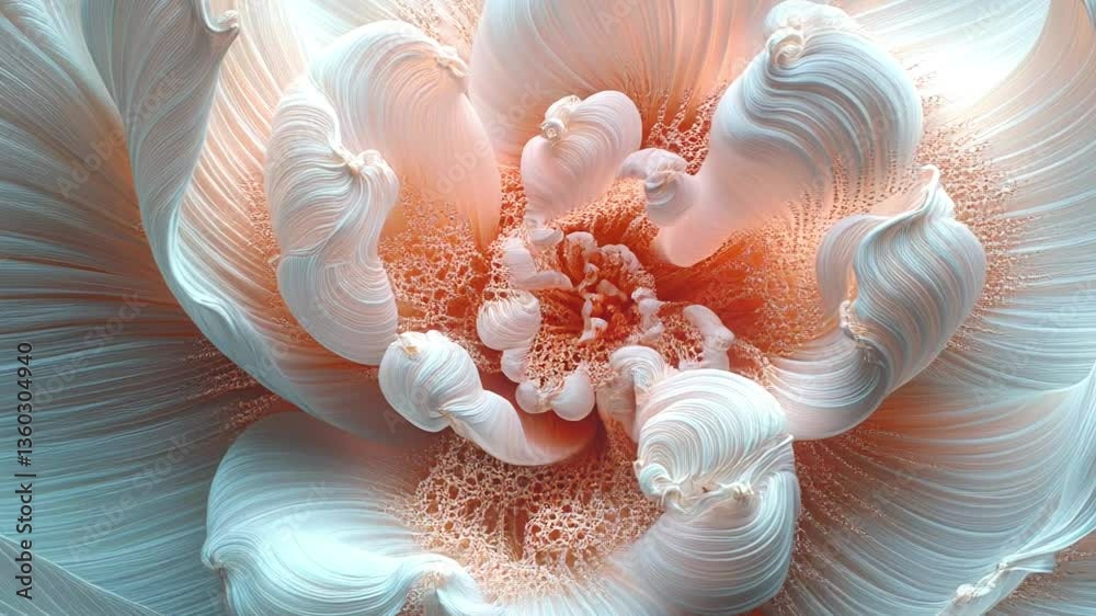 Poster Animation of an abstract, delicate flower where the petals are composed of many complex, intertwined lines and curves that slowly unfold to show a soft play of light and shadow on their surface