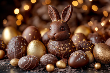 Luxurious arrangement of chocolate Easter eggs and bunnies.