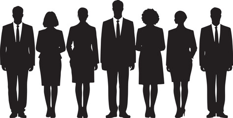 Shadowed Stance: Silhouettes of seven diverse business professionals stand in unison, exuding an air of determination and unity, poised for success