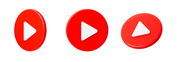 Red play button from different sides. Isolation. On a white background. 3d rendering.
