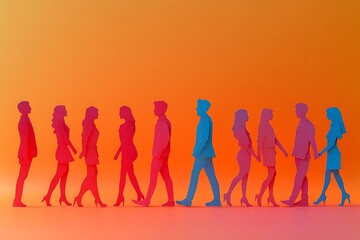 Paper People Group Walking in Gradient Orange Direction