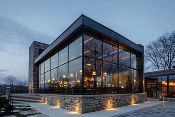 A modern event space featuring a glass exterior with a stone base and brick accents, creating an inviting and visually appealing design