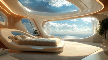 Ultra-luxurious futuristic bedroom with an automatic bed positioning system, a bright and open design, and a serene sky-view ceiling 