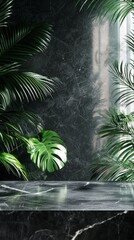Fresh leaves of various tropical plants thrive in a contemporary room, where sunlight filters softly through large windows, blending nature with elegant decor