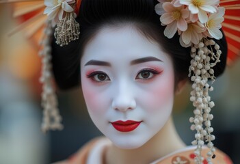 Geisha woman displaying elegance in traditional attire with flowers  