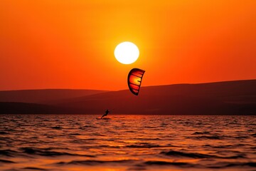 A man is kitesurfing, rising above the water against the sunset. Extreme sports, freedom, summer holidays. 