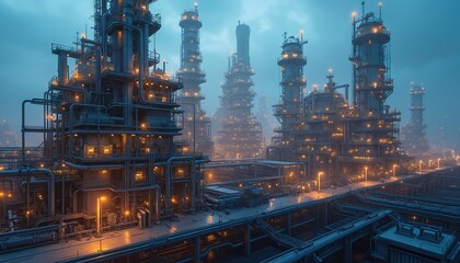 Industrial facility with advanced tech at dusk. Manufacturing plant, modern infrastructure, pipes, machinery, digital overlay. Energy, power, innovation in construction, oil gas, chemical industry.