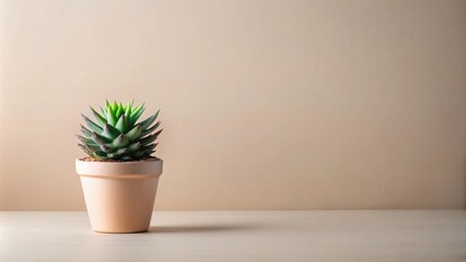 A small succulent plant in a terracotta pot sits on a light-colored surface against a neutral background.