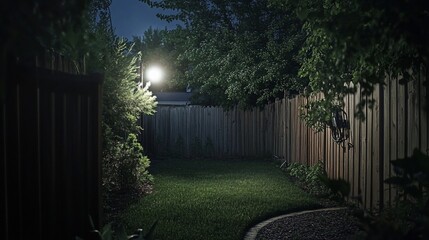 Night backyard garden lit lamp fence privacy