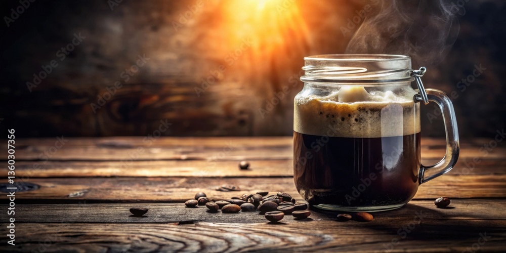 Poster aromatic brew in rustic setting steaming coffee in a glass jar on a wooden table
