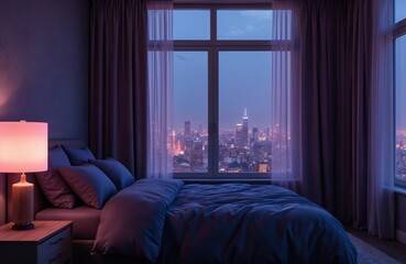 Bedroom night with purple ambient lightning, city skyline view outside window. Cozy bed, lamp with soft light. Modern interior design. Evening atmosphere, digital artwork, illustration.