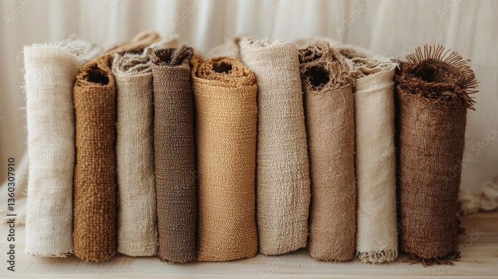 Poster textiles in various shades of brown, beige, and cream neatly rolled and displayed. the soft light hi
