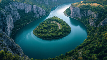 Fototapeta premium An aerial perspective of the Danube River winding through the Iron Gate Gorge in Djerdap National Park, Serbia