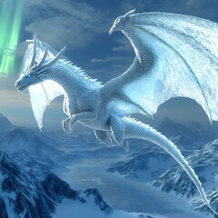 Majestic ice dragon soaring over the snowy mountains