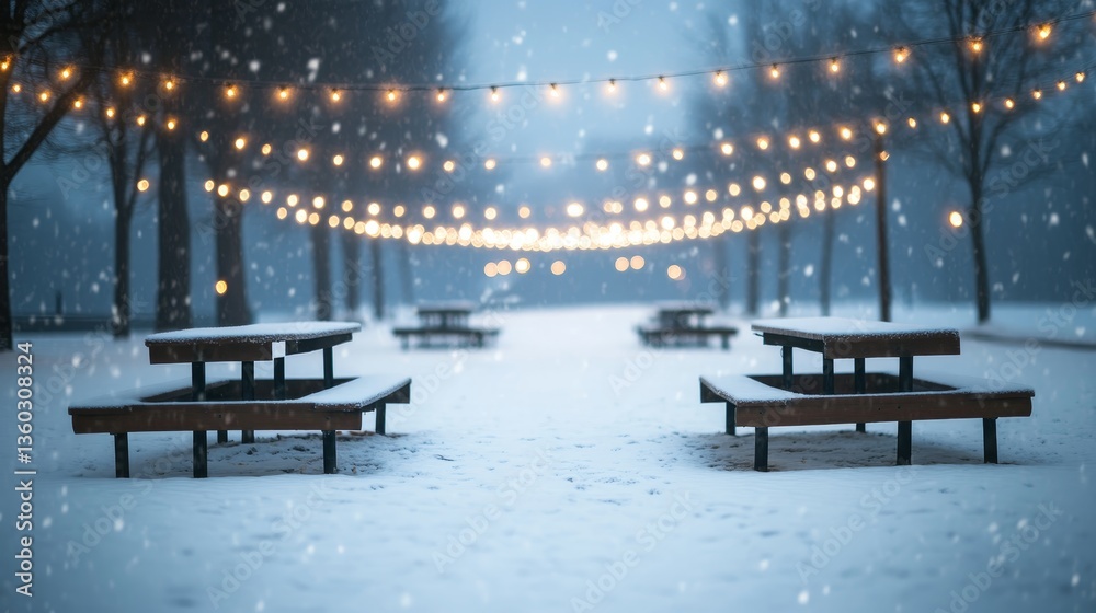 Poster softly falling snow enhances the calm atmosphere of a city park, where benches are illuminated by st